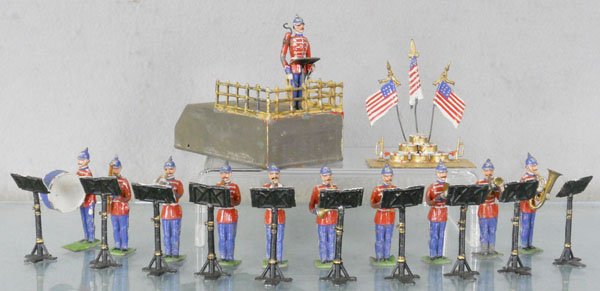HEYDE 347 MUSIC BOX BAND: Band Master mounted on music box w/10 musicians, w/stands, music box incom & missing paint, Band Master reglued, 2 music stand glued, C3-5.