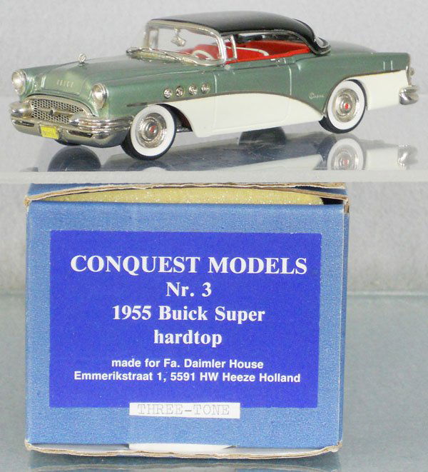 CONQUEST MODELS 1955 BUICK SUPER: white metal, missing side view mirror, orig box, C9.