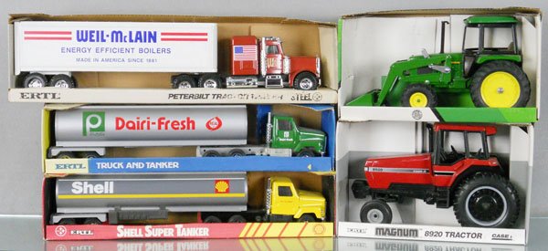 5 ERTL VEHICLES: pressed steel, 3989 Weil-McLain, 3987 Publix, 9963 Shell, 5578 John Deere, 4208 Case, orig boxes minor wear, C8-9.
