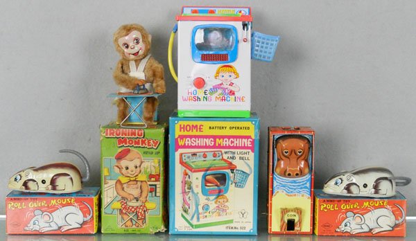 5 TIN TOYS: 2 Yone Roll-Over Mouse toys, 4 1/2" long, TN Ironing Monkey, 6 1/2" tall, Yone Hippo Bank, 6 1/2" tall, these are windups working, w/Yonezawa Washing Machine, 6 1/5" tall, battery operated, not workin