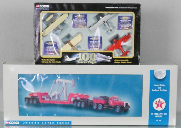CORGI LOT: CSCA01004 The Pioneering Years, 100 Years of Flight Set, 55304 Diamond T980 Ballast w/Girder Trailer & Nodding Derrick, orig boxes minor wear, 1 has smashed section, C9.