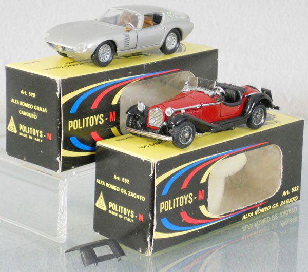 2 POLITOY AUTOS: 529 Alfa Romeo Canguro, 532 Alfa Romeo GS Zagato w/2 tops, orig boxes minor wear, C9.