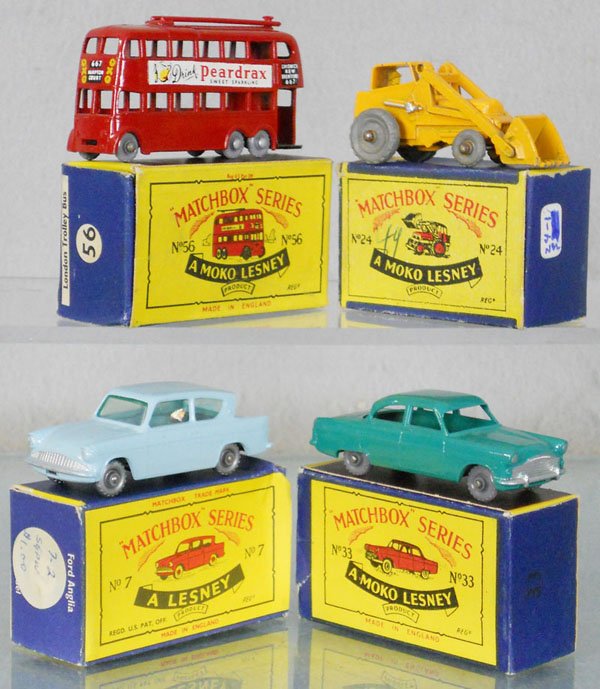 4 MATCHBOX MOKOS: 7B2, 24A1, 33A4, 56A3, orig boxes minor wear, the 2 cars are C7, Bus & Bulldozer are C9.