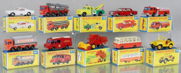 10 MATCHBOX VEHICLES: 8E1, 10D1, 13D3, 24C1, 29C1, top white plastic piece cracked, 51C2, 57C2, 65C1, 68B2, 72B1, orig boxes minor wear, C7-9.
