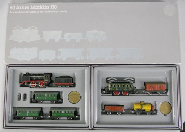 MARKLIN 0050 TRAIN SETS: HO ga, 2 Anniversary sets, orig boxes & inserts minor wear, C9.