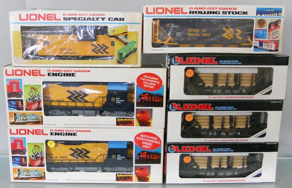 LIONEL ONTARIO NORTHERN TRAIN SET: O ga, 8162 & 8163 diesels w/cars 3 #16347, 6100, 6901, orig boxes minor wear, C8-9.