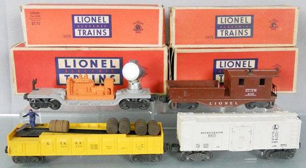 4 LIONEL FREIGHT CARS: O ga, 3530 searchlight car, 6119 work caboose, 3562-50 barrel car, 6472 milk car, orig boxes worn, C6-7.