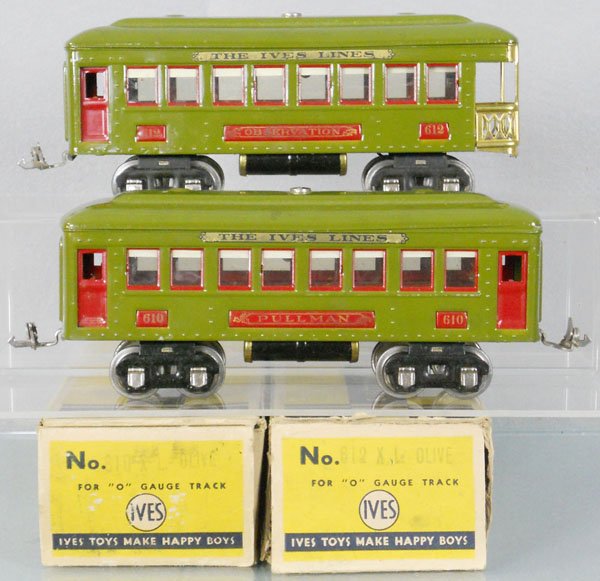 2 IVES PASSENGER CARS: O ga, 610 Pullman, 612 obsv, orig boxes rough, C6.
