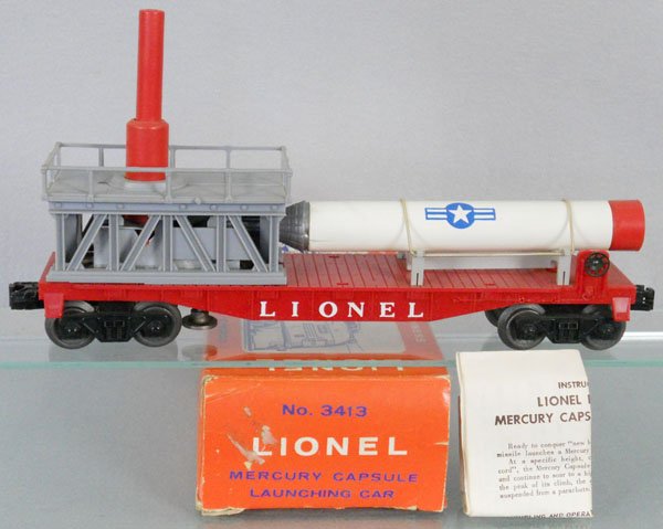 LIONEL 3413 MERCURY CAPSULE LAUNCHING CAR: O ga, orig missile w/1/2" crack in tube, orig box minor wear, C8.