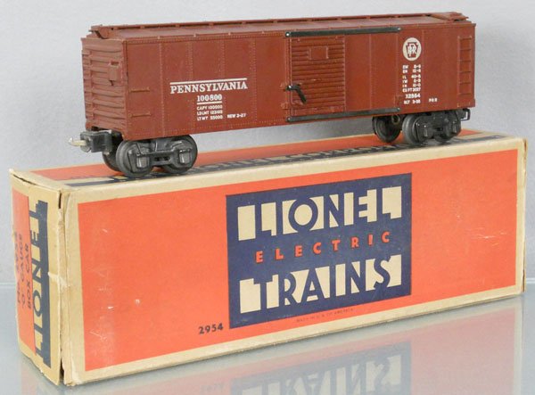 LIONEL 2954 PRR BOX CAR: O ga, orig box & insert minor wear, C7.