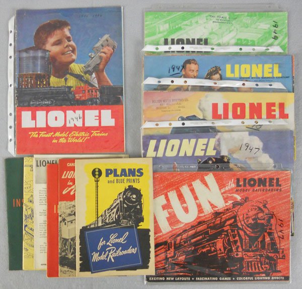 LIONEL 1940'S CATALOGS: 1946, 1947, 1948, 3 #1949, 2 are taped, w/track layouts & instruction booklets, some wear, C6-8.