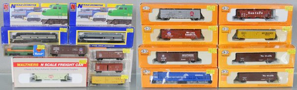 N GAUGE TRAIN LOT: N ga, Lifelike 7218 & 7208 locos, 4 Microline Freight cars, Roco 3159C loco, ConCor loco & 7 freight cars, Walthers freight car, orig boxes, some have minor wear, C9.