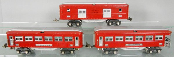 3 LIONEL PASSENGER CARS: O ga, 615 baggage, 613 Pullman, 614 obsv, silver roof clerestory restored, C5-6.