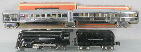 LIONEL TRAIN SET: O ga, 264E loco, ventilator replaced, 2225W tender, 1619 front end coach, missing front coupler, 1618 obsv, some surface oxidation, orig boxes rough, C4-5.