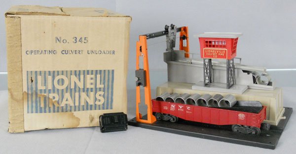 LIONEL 345 OPERATING CULVERT UNLOADER: O ga, 6342 gondola, 345-10 bridge section, orig box minor wear, C7.