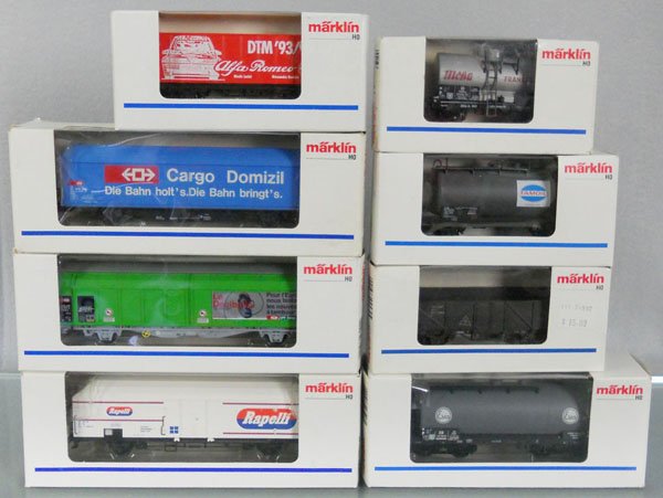 8 MARKLIN FREIGHT CARS: HO ga, 46513, 4735, 48022, 4733, 4582, 4872, 4441, 910, unnumbered Alfa Romeo box car, orig boxes, some minor wear, C9.