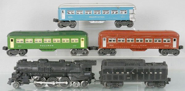 LIONEL RAINBOW TRAIN SET: O ga, 2037 loco, 243W tender, 1 step broken, 2442 Pullman, 2440 Pullman, roof restored, 2431 obsv, C5-6.