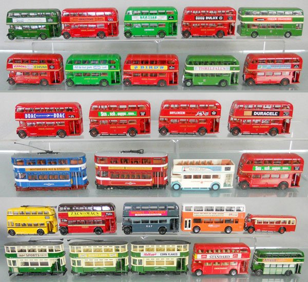 EFE & CORGI TRAM & BUS LOT: 16 EFE doubledecker buses, 2 EFE trams, 6 Corgi doubledecker buses, 4 Corgi trams, die cast & plastic, C6-8.