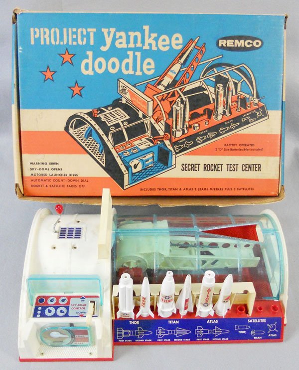 REMCO PROJECT YANKEE DOODLE SECRET ROCKET TEST CENTER: plastic, battery operated, not tested, 16" long, missing 3 pieces, orig box minor wear, C8.