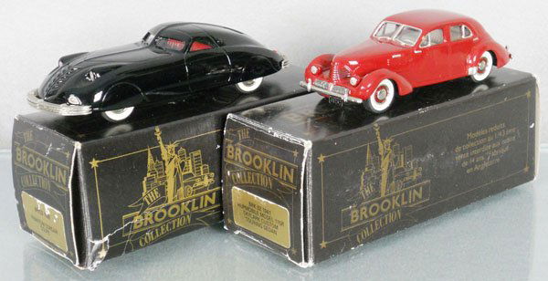 2 BROOKLIN MODELS AUTOS: white metal, 1938 Phantom Corsair Coupe, 1941 Skylark Touring Sedan, paint chip on fender, missing mirror, orig boxes minor wear, C8-9.