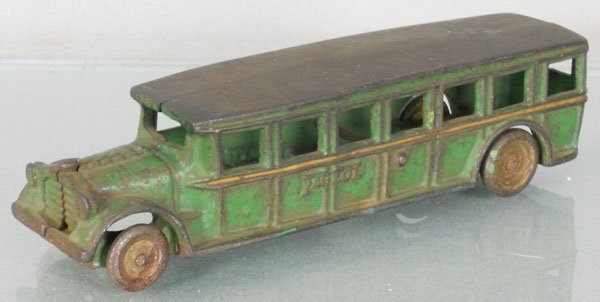 ARCADE FAGEOL BUS: painted cast iron, 8" long, 2 nickel tires replaced, paint worn off roof, C2-4.
