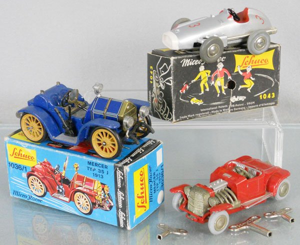 3 SCHUCO MICRO RACERS: die cast, 1043 Racer, 1036 Mercer, 1036 Hot Rod, all windups working, lot has 3 keys, 2 orig boxes only, boxes have minor wear, C6-8.