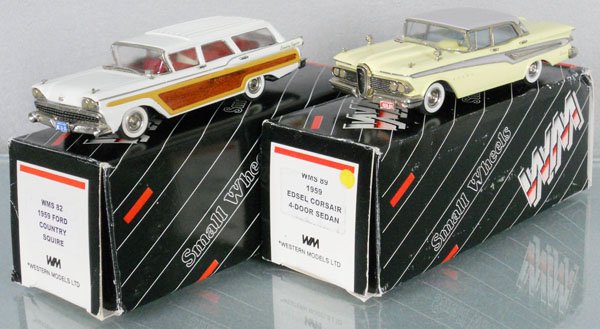 2 WESTERN MODELS AUTOS: white metal, 1959 Ford Country Squire, 1959 Edsel Corsair, 1/2 of rear label scratched off, orig boxes minor wear, C9.