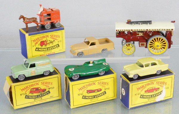 6 MATCHBOX VEHICLES: 7A, w/white load & gray plastic wheels, 50A1, 59A1, 41B1, 45A3, MOY Y9A2, 4 orig boxes only, 1 minor wear, 3 rough, C7-8.