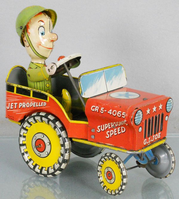 UNIQUE ART GI JOE & HIS JOUNCING JEEP: litho tin, windup working, 6 1/2" tall, C6-7.