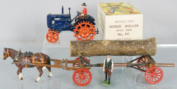 2 BRITAINS FARM TOYS: 127F Fordson Tractor, w/an incorrect Britains box, 12F Timber Wagon, missing 4 pegs to hold log, C5-7.