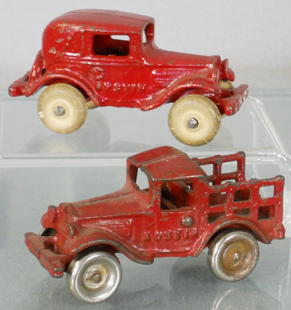 2 ARCADE AUSTINS: painted cast iron, Coupe & Stake Truck, 3 3/4" long, C5-6.