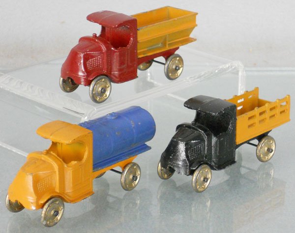 3 TOOTSIETOY MACK TRUCKS: 4638 Stake Truck, 4639 Coal, 4640 Tank, all early versions w/no Mack emblems, C5-6.
