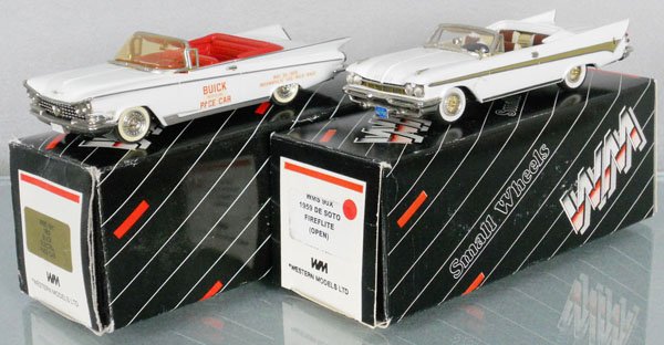 2 WESTERN MODELS CONVERTIBLES: white metal, 1959 Buick Electra Pace Car, 1959 DeSoto Fireflite, w/factory decal smudge, orig boxes, C9.