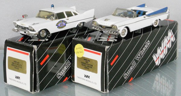 2 WESTERN MODELS AUTOS: white metal, 1958 Plymouth Missouri State Police Car, missing 1 windshield wiper, 1957 Dodge Custom Royal Lancer, orig boxes minor wear, C8-9.