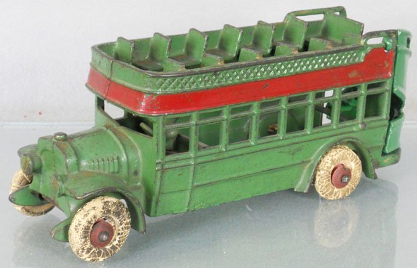 KENTON CITY BUS: painted cast iron, 10" long, rubber tires worn, rear stair assembly is a resin copy, some surface oxidation on seats & upper floor, C5.