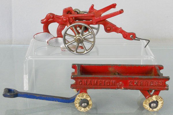 CHAMPION & ARCADE VEHICLES: painted cast iron, Arcade Oliver Plow, 5 1/2" long, Champion Wagon, tires worn, 5" long, C5-6.