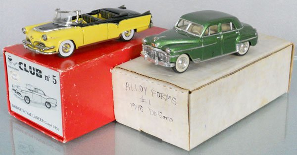 2 WHITE METAL AUTOS: Tron 1955 Dodge Royal Lancer, windshield loose, missing mirrors, Alloy Forms 1948 DeSoto, orig boxes minor wear, C7-9.
