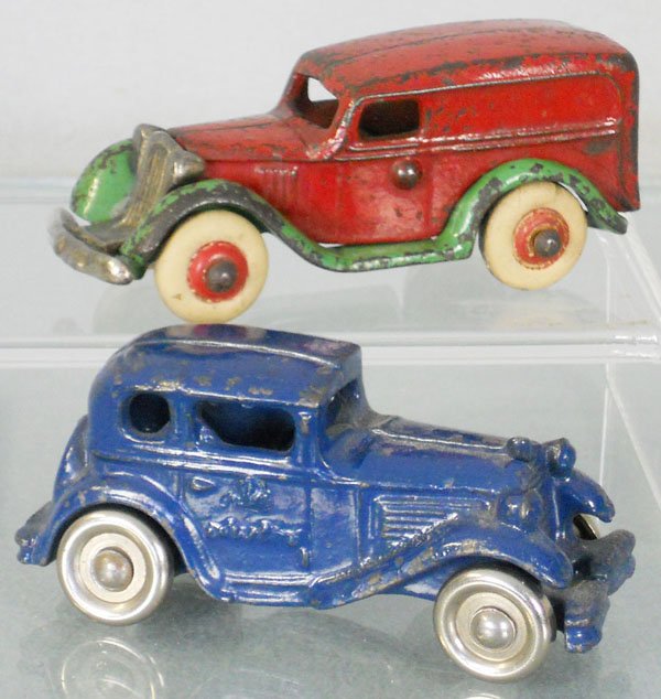 2 ARCADE AUTOS: painted cast iron, GMC Van, 4" long, Austin Coupe, 3 3/4" long, C5-6.