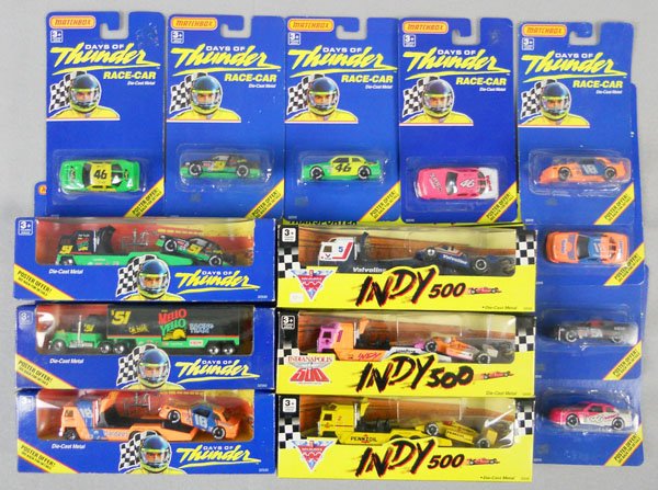 14 MATCHBOX VEHICLES: 3 versions of 32620 Indy 500 Days of Thunder, 2 #32530, 32560, 8 #32510, orig cards & boxes, some minor wear, C9-10.
