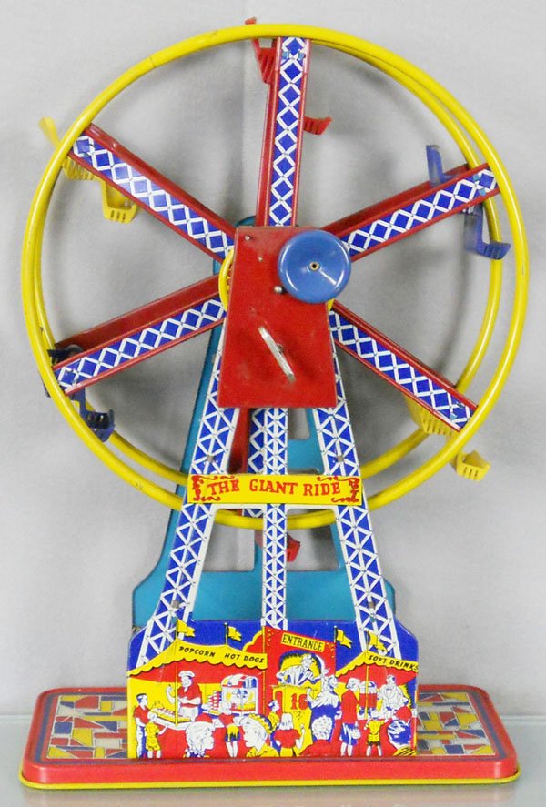 OHIO ART FERRIS WHEEL: litho tin, windup working, plastic seats warped, 16 1/2" tall, C6-7.