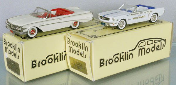 2 BROOKLIN MODELS CONVERTIBLES: white metal, 1960 Edsel, 1964 1/2 Ford Mustang Indy Pace Car, orig boxes minor wear, C9.