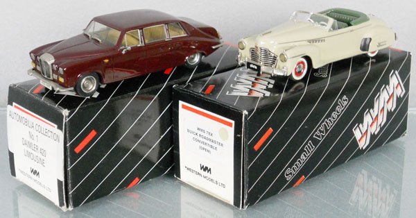 2 WESTERN MODELS AUTOS: white metal, Daimler 420 Limousine, Buick Roadmaster Convertible, orig boxes, C9.