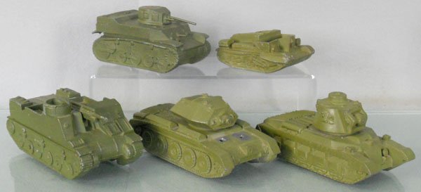 5 COMET ARMY VEHICLES: painted slush, 4" to 6 1/2" long, 2 are incom, C5-8.