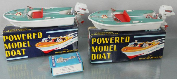 2 UNION CRAFT MOTOR BOATS: plastic, battery operated, not tested, 11" long, w/1 motor, orig boxes, C9.