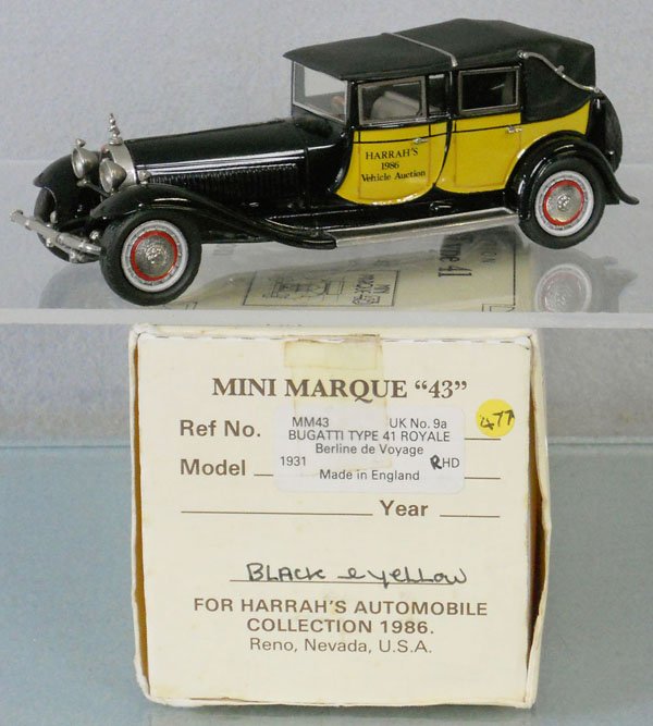 MINI MARQUE 43 1931 BUGATTI ROYALE: white metal, for Harrah's 1986 vehicle auction, built by Colin Flannery, orig box minor wear, C9.