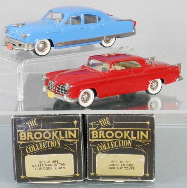 2 BROOKLIN MODELS: white metal, 1953 Kaiser Manhattan, 1955 Chrysler C300, orig boxes minor wear, C9.