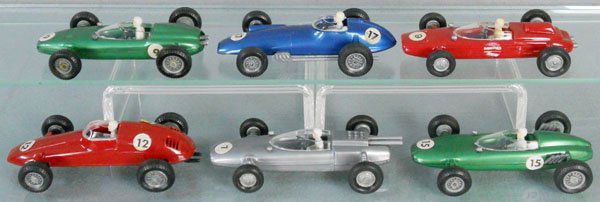 6 POLITOYS RACERS: plastic, #'s 58, 59, 60, 61, 200 & 203, C7-8.