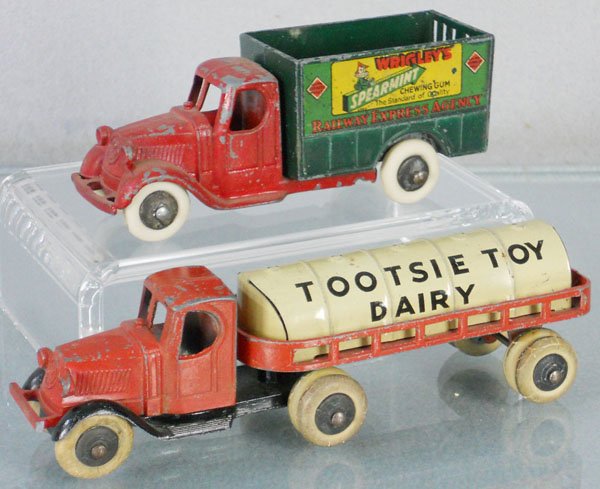 2 TOOTSIETOY TRUCKS: 810 Wrigley's, 805 Dairy, small chip on front bumper, C5.