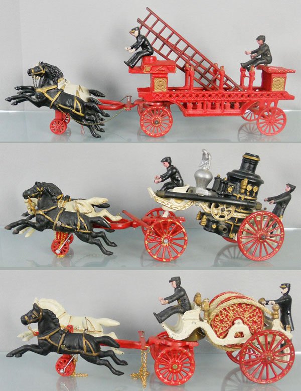 3 UTEXEQUAL FIRE ENGINES: painted cast iron, Ladder Truck, 25" long, Pumper, 21" long, Hose Reel, 20" long, contemporary, C7-8.