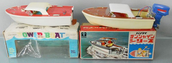 2 MOTOR BOATS: plastic & wood, 9" & 11" long, battery operated, not tested, orig boxes, 1 worn, C8-9.